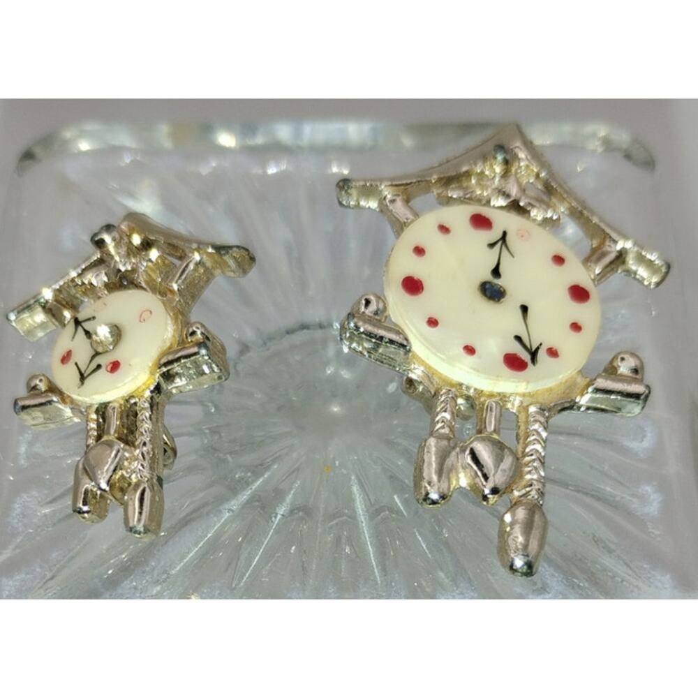 Vintage Cuckoo Clock Brooch Lot – Silver Tone Enamel (Set of 2)